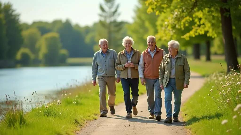 Senioru grupa iet pa ūdensmalas taku, smaidīgi cilvēki, skaista diena