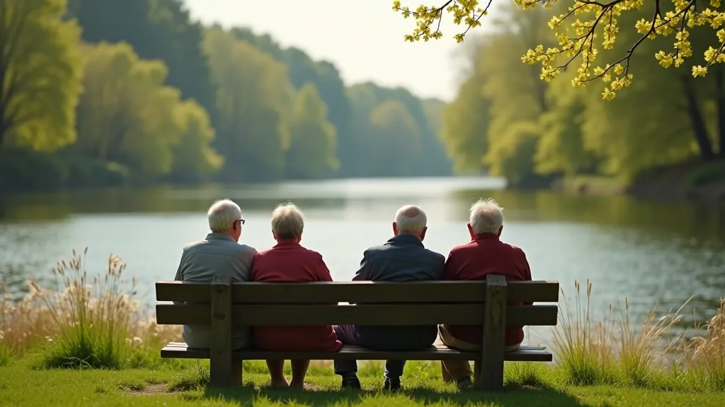Senioru grupa atpūšas uz soliņa Amatas upes krastā, pavasara paisumā