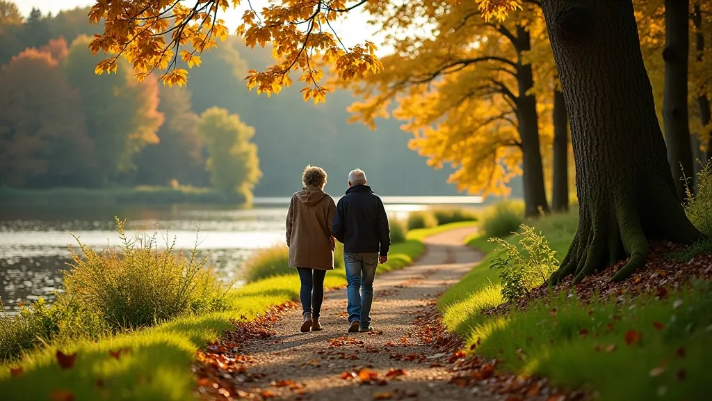 Seniori pārgājen gar Rāznas ezera krastu, meža maršruts, skaista dabas ainava