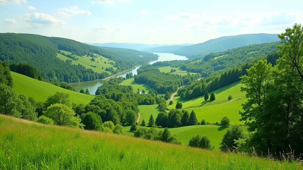 Braslas ielejas skats no augšas, zaļas pļavas un mežs, skaista ainava